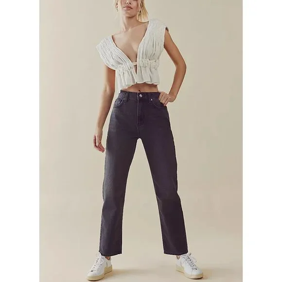 🎉LAST CHANCE🎉 FREE PEOPLE Pacifica Straight Leg Jeans / Worn Black - Picture 9 of 11